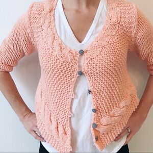 Free People Peach Crocheted Crop Sweater Plaid Button Front Sz M
